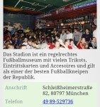 Ein Screenshot eines Mobilgeräts, das Informationen über ein Fußballmuseum namens „Stadion an der Schleißheimer Straße“ anzeigt, mit einem Bild von Menschen in Fußballtrikots im Hintergrund. Fritten, Fussball & Bier - www.soccer-warriors.de